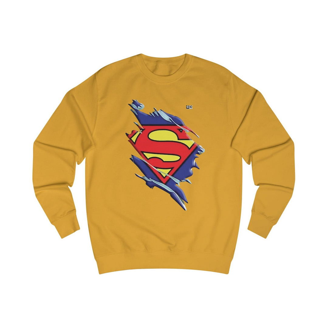 Buy now Mustard color Torned Superman Logo Unisex Sweatshirt on cartoon clothings.