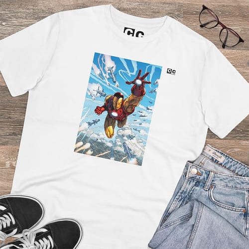 Buy iron man White T-shirt on cartoon clothings.