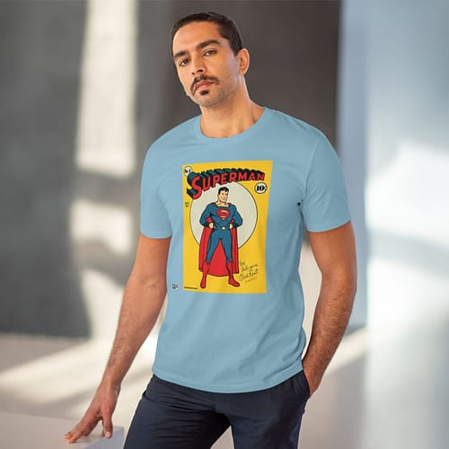 Buy Exclusive Unisex 1930 Superman Sky blue T-shirt on Cartoon clothings.